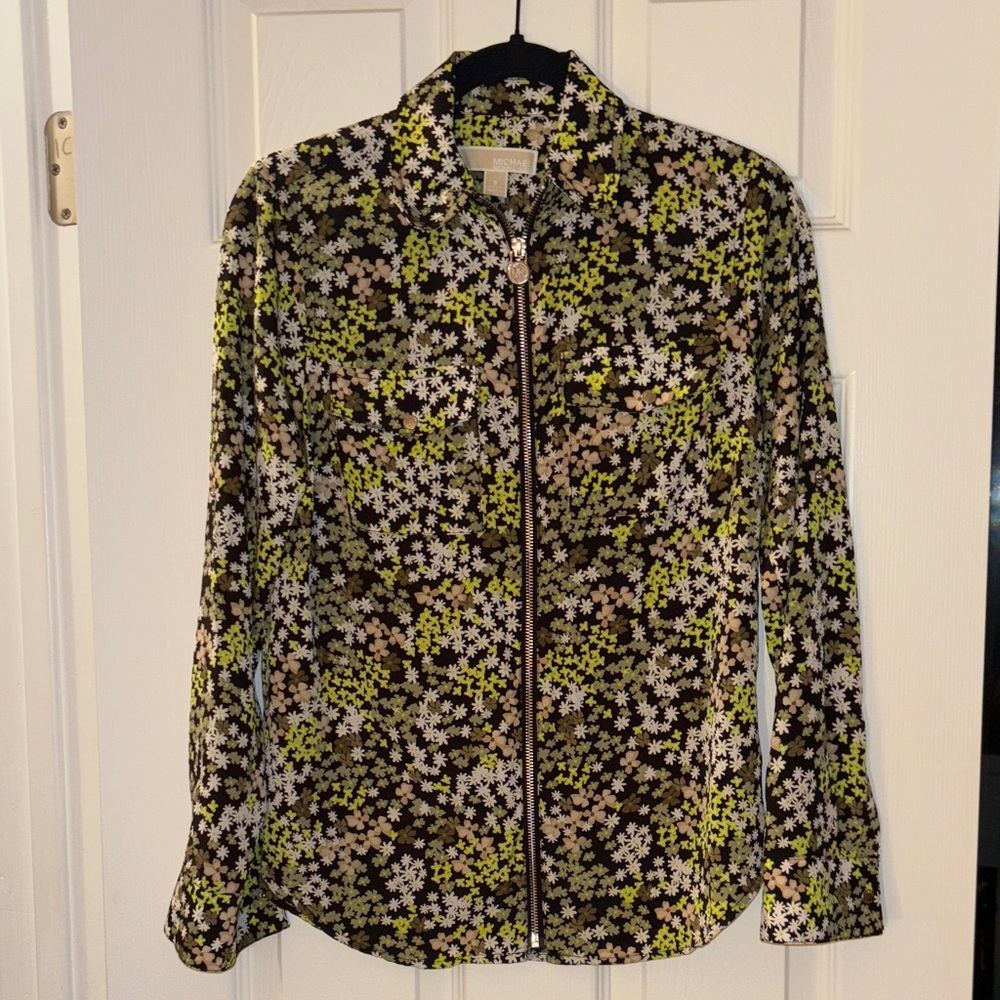 Michael Kors Floral Zip-Up Jacket - Black, Green, White